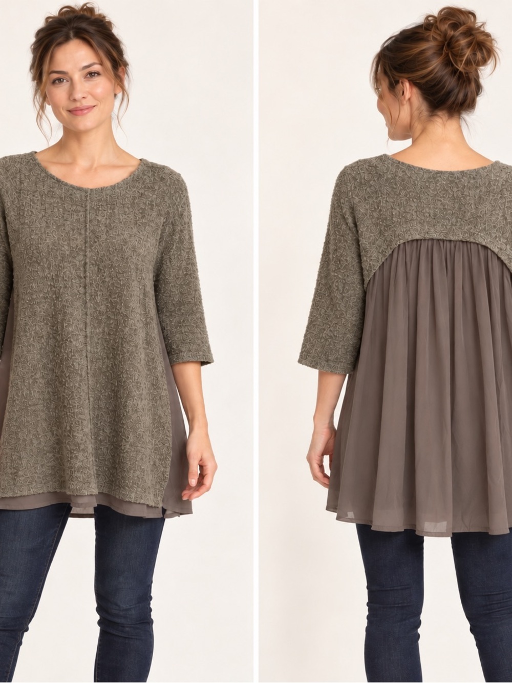 AMADI Small Gray Mixed Media Knit Tunic Top Sheer Back 3/4 Sleeve Made USA